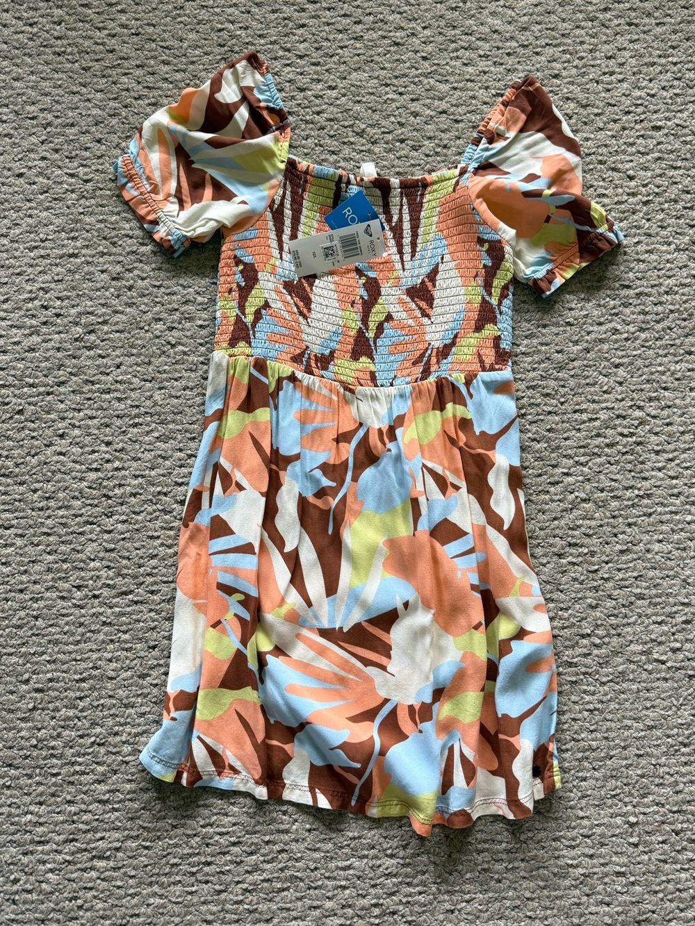 Girls' Multicolor Smocked Puff-Sleeve Dress 12 Large